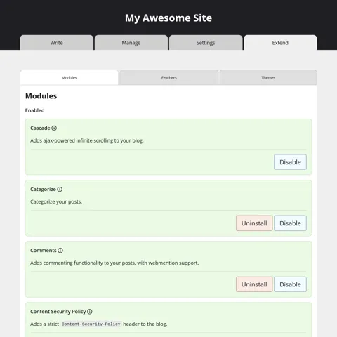 A screenshot of the Modules page